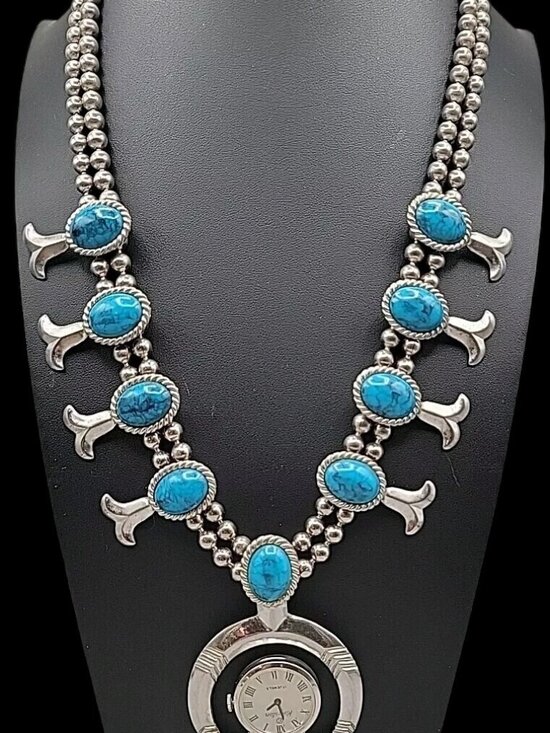 Kingston Jewelry - Kingston Wind Pendant Watch Squash Blossom Necklace Faux Turquoise 26"
